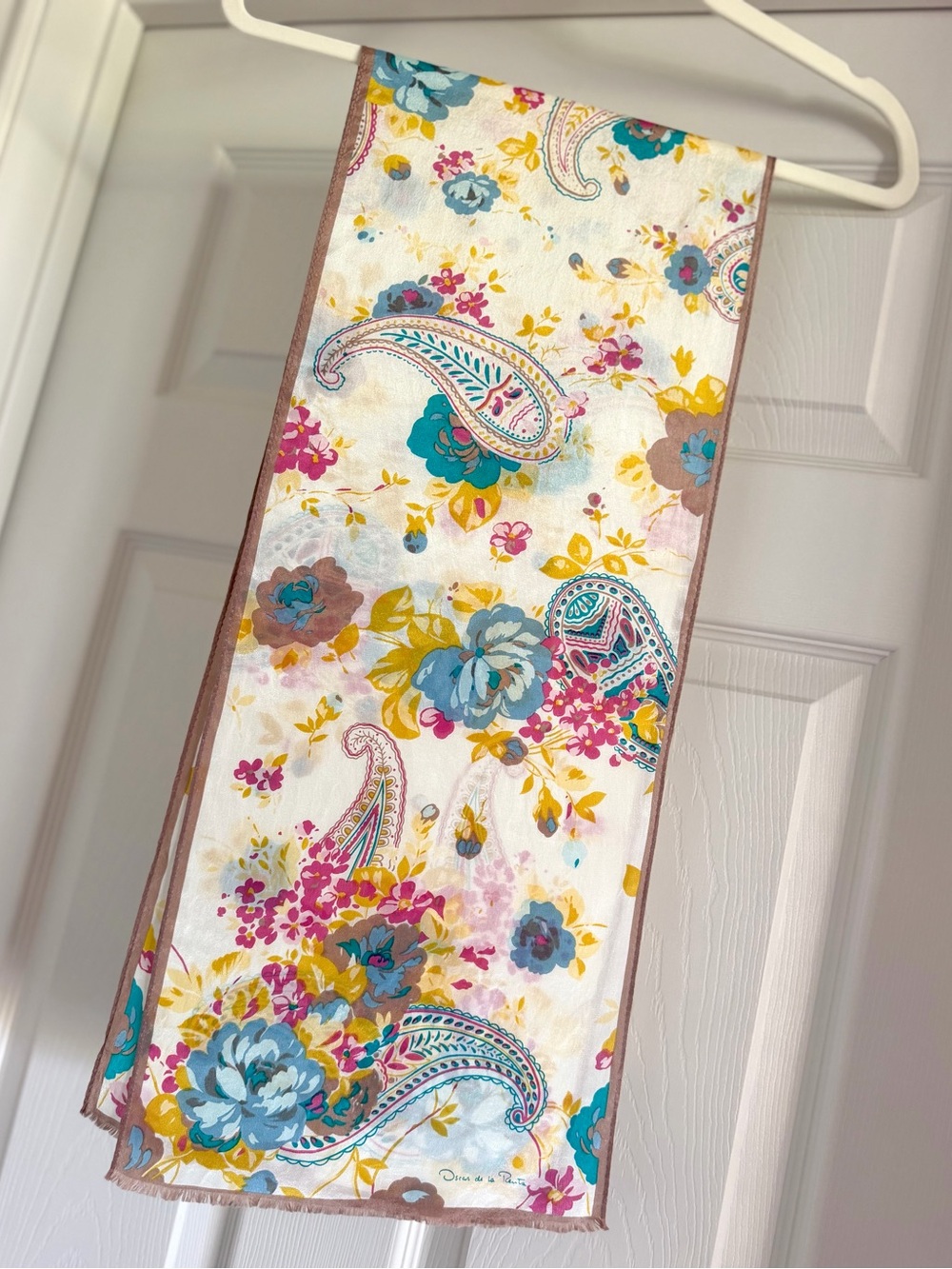 OSCAR DE LA RENTA Vintage Floral Paisley Sheer Chiffon Scarf - Cream, Pink, Blue